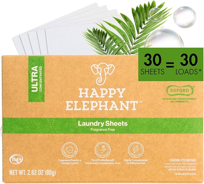 Happy Elephant Laundry Detergent Sheets, Fragrance Free, Natural Biodegradable Laundry Sheets, Plant Based, Tough on Stains, Gentle on Skin, Compatible with HE & Any Washing Machine, 30 Sheet, 1 Pack