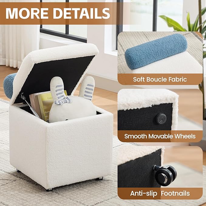 Boucle Vanity Chair with Storage, Swivel Makeup Vanity Chair with Wheels & Safety Hinge, Upholstered Vanity Stool Ottoman for Bedroom, Dressing Room, White