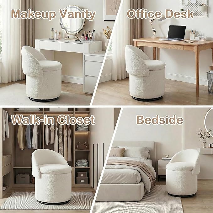 LukeAlon Sherpa Makeup Ottoman with Storage, Upholstered 360° Swivel Vanity Stool with Foldable Backrest Modern Cylindrical Footrest Stool for Living Room Bedroom, White