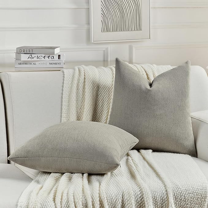 FUTEI Smoke Gray Chenille Decorative Throw Pillow Covers 16x16 Inch Set of 2,Soft Cozy Faux Linen Textured Cushion Case,Farmhouse Home Decor for Couch Living Room