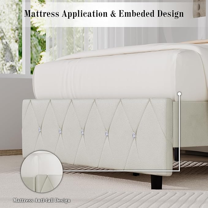 BarnFurin Twin Bed Frame with Diamond Tufted Headboard, Faux Leather Upholstered Bed with Wooden Slats Support, No Box Spring Needed, Mattress Foundation, Easy Assembly, Cream