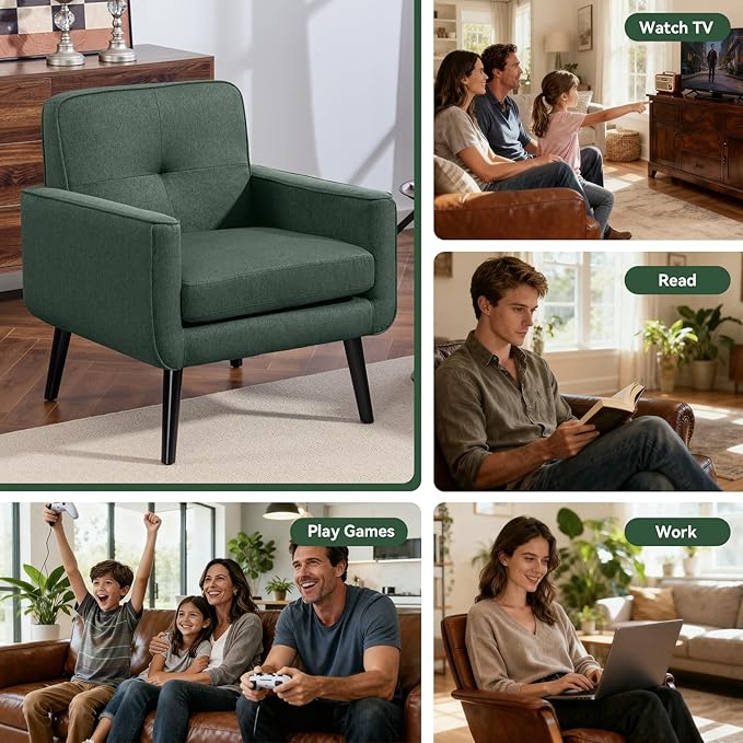 Mid Century Accent Chair, Fabric Modern Chair with Wooden Frame, Cozy Armchair Reading Chair with Comfy Back for Apartment, Living Room, Bedroom, Waiting Room, Small Space, Corner, Green