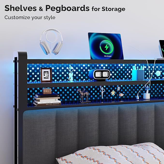 VINGLI Twin or Twin XL Size Headboard, Adjustable Upholstered Headboard with 3 Tier Shelves and Pegboard with Charging Stations and LED Lights, Modern Bed Headboard with Storage for Bedroom Decor