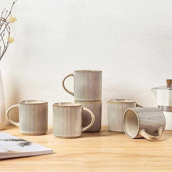 GBHOME 12oz Stoneware Coffee Mugs, Ceramic Coffee Cups with Handle for Man,Woman,Dad,Mom, Modern Coffee Mugs Set of 6 for Latte/Cappuccino/Cocoa/Tea/Cocoa/Milk. Dishwasher&Microwave Safe, Cappuccino