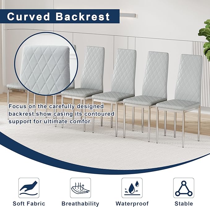 JT Modern Minimalist Dining Chair Fireproof Leather Sprayed Metal Pipe Diamond Grid Pattern Restaurant Home Conference Chair Set of 4 Or 6 (8, Grey)