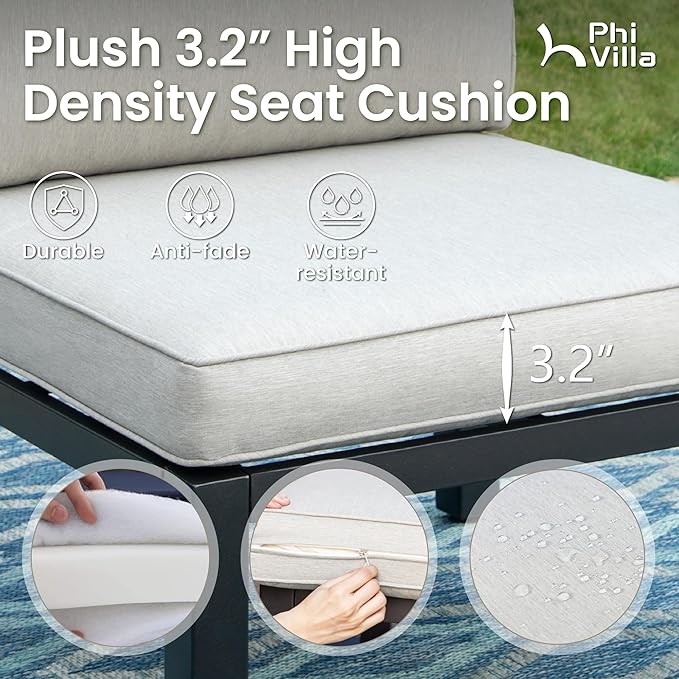 PHI VILLA Outdoor Patio Furniture Set, Metal Frame Modern Loveseat Couch for Poolside and Backyard,Light Grey