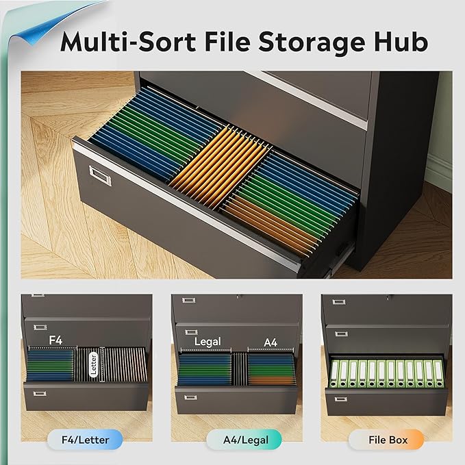 DEVAISE 4 Drawer Lateral File Cabinet with Lock, Metal Filing Cabinets for Home Office, 16" D x 35" W x 52" H Wide Storage Organization for Hanging Files Letter/A4/Legal/F4 Size, Black