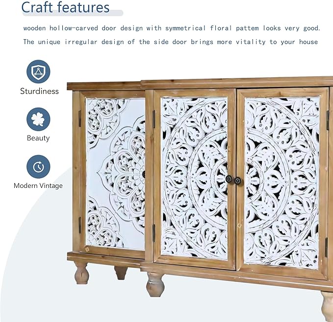 Accent Cabinet with 4 Doors, Hollow Carved Storage Sideboard, Wood Buffet Cabinet for Living Room, Dining Room, Entryway (4-Door 3 Compartment)