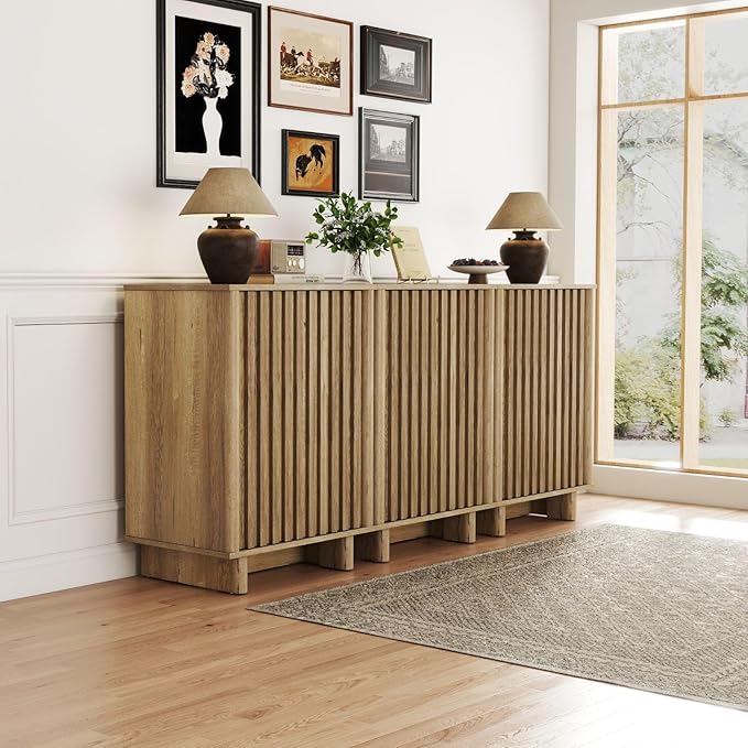 Sideboard Buffet Cabinet with Storage, Natural Freestanding Floor Cabinet Farmhouse Sideboard with 2 Fluted Doors Wooden Hallway Cabinet Media Console Table Credenza for Living Room Dining Room, 3PCS