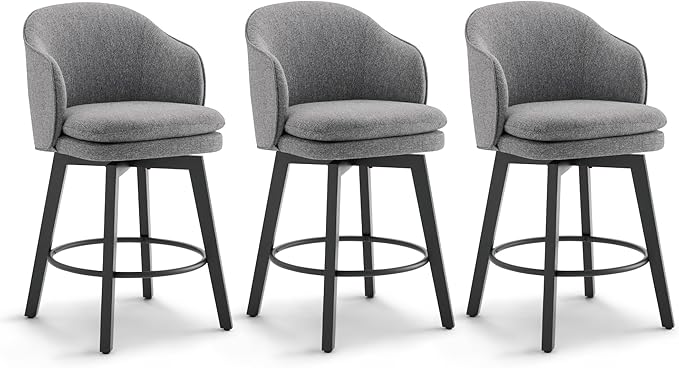 Counter Height Barstools 26 inch Upholstered Swivel Bar Stools with Back and Wood Legs for Kitchen Island,Set of 3,Dark Grey Fabric