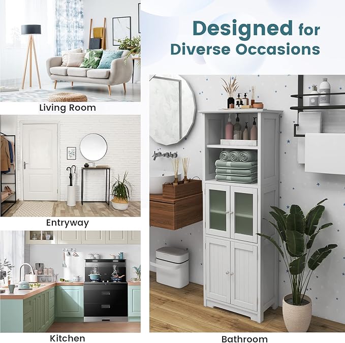 LOKO Tall Bathroom Cabinet, Modern Storage Organizer with Doors & Open Shelves, Wooden Floor Cabinet with Adjustable Shelves for Bathroom, Living Room or Kitchen (White)