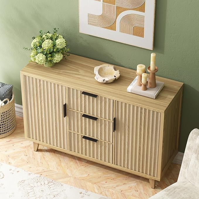 47.2" W Storage Cabinet with 3 Drawers, Fluted Buffet Cabinet with Storage, Large Sideboard Cabinet with 2 Door, Modern Mid Century TV Stand Coffee Bar Cabinet for Living Room, Kitchen, Entryway
