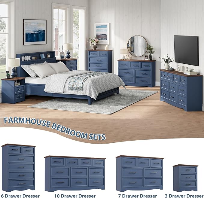 Blue Farmhouse Dresser for Bedroom, Modern 7 Chest of Drawers, 47" Wide Chest of Drawers w/Brushed Metal Handle, Wood Dresser TV Stand and Storage Cabinet for Bedroom, Living Room, Hallway