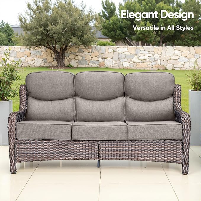 Swivel Patio Chairs sofa Set of 8 with 6" Thick Cushion - Wicker Outdoor Swivel Rocker Patio Chair ,Sofa/Glass coffee table, High Back Comfortable Outdoor Glider Chairs - Brown Wicker | Gery Cushions