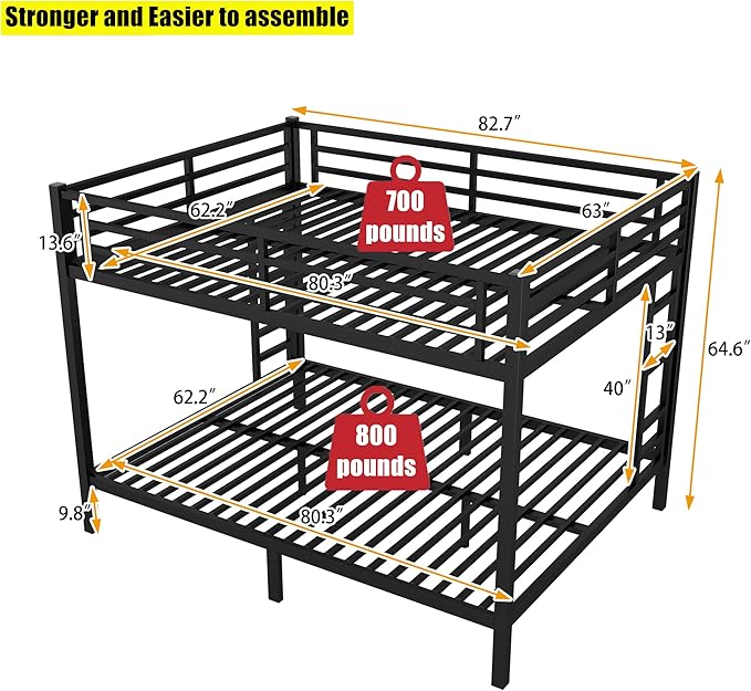 Higher Quality & Stronger Heavy Duty Industrial Style Metal Queen Over Queen Bunk Bed, Thickened More Stable Black Steel Bunkbed (Easier to Assemble)