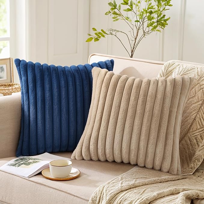 Pallene Faux Fur Plush Throw Pillow Covers 22x22 Set of 2, Luxury Soft Fluffy Striped Decorative Pillow Covers for Sofa, Couch, Living Room, Khaki