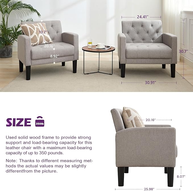 TYBOATLE Accent Chairs Set of 2 Comfy Living Room Chair Tufted Mid Century Modern Accent Chair, Cozy Upholstered Reading Arm Chair for Office, Bedroom (Light Grey, Set of 2)