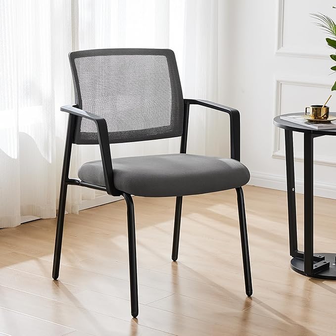 DUMOS Grey Stackable Arm Chairs with Mesh Back and Upholstered Fabric, Sturdy Metal Frame, Easy to Store and Use, Perfect for Indoor and Outdoor Spaces, 4 Chair