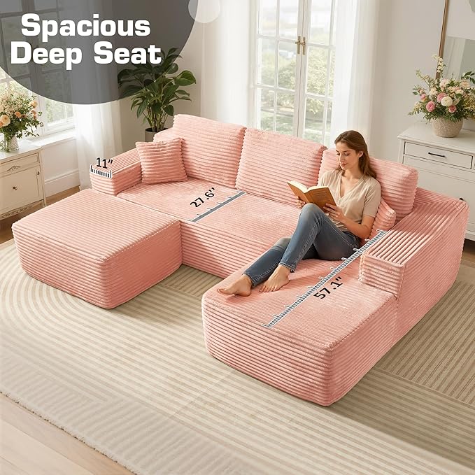 106" Cloud Sectional Couch with L-Shape Chaise & Ottoman, No Assembly Modular Sofa, Deep Seat Plush Corduroy Boneless Couched for Living Room (Pink Plush Corduroy, Right Facing Chaise with Ottoman)