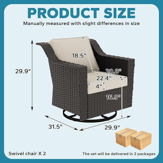 Patio 2 Pieces Wicker Swivel Chairs Set of 2，Outdoor PE Rattan Rocking Glider Armchairs, Water-Resistant Cushions with Removable and Washable Covers, Porch, Balcony, Sunroom (Beige)