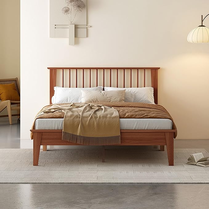 MUSEHOMEINC Solid Wood Queen Size Bed Frame with Headboard, Mid Century Modern Style,Wooden Slat Support, No Box Spring Needed, Large Under Bed Storage, Easy Assembly (Queen)