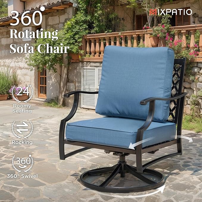 Patio Furniture Set, 4 Pcs Metal Outdoor Conversation Set, 2 Swivel Chairs and 3 Seater Sofa with 5.75" Extra Thick Cushion and Gas Fire Pit Table for Backyard Deck, Navy Blue