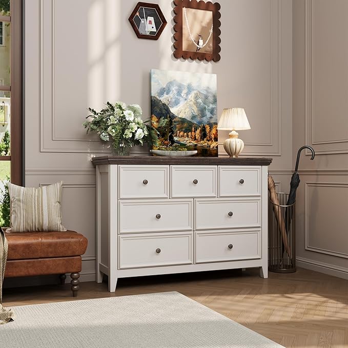 Antique White Dresser for Bedroom 7 Drawers Dresser,7 Chest of Drawers Storage Cabinet for Living Room,Filing Cabinet for Home Office