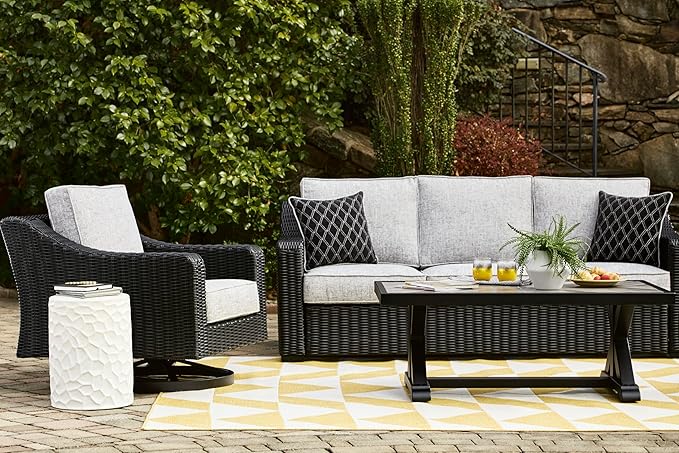 Signature Design by Ashley Beachcroft Casual Nuvella Weather Resistant Fabric Outdoor/Indoor Sofa with Cushion and 2 Toss Pillows, Black & Light Gray