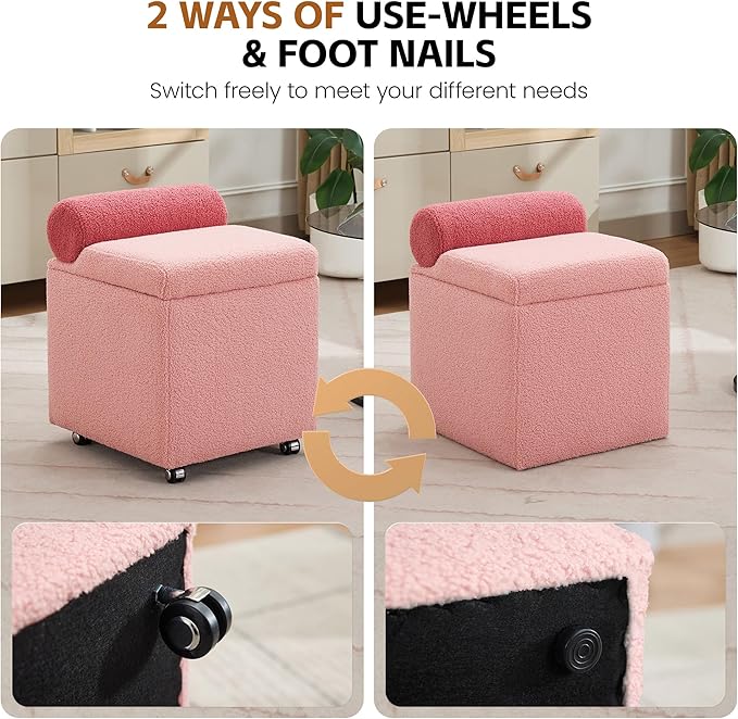 Boucle Vanity Chair with Storage, Swivel Makeup Vanity Chair with Wheels & Safety Hinge, Upholstered Vanity Stool Ottoman for Bedroom, Dressing Room, Pink
