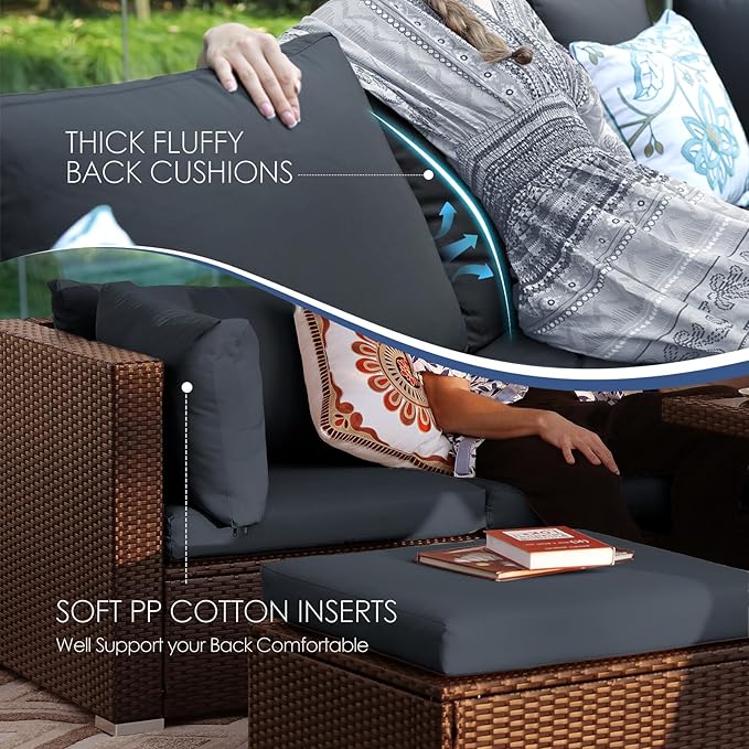 NICESOUL 9pcs Patio Furniture Set with Fire Pit Propane/Gas, 29.3'' High Back Modern Comfy Outdoor Conversation Set, Extra Wide Modular Sofa for Heavyweight, Brown Rattan and Dark Gray Cushion