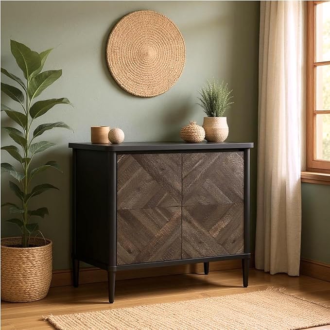 Lenia Solid Wood Storage Cabinet with Diamond Pattern Doors, Rustic Farmhouse Accent Cabinet for Living Room, or Entryway, Durable Acacia Wood, Mocha Black
