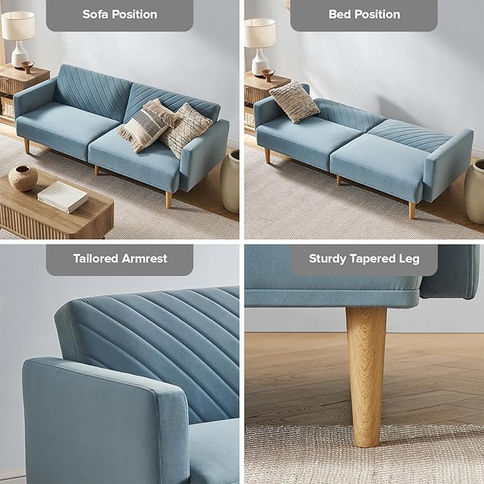 mopio 76.4" Futon Sofa Bed, Couch, Loveseat, Sleeper Sofa, Mid Century Modern Futon Couch, Sofa Cama, Couches for Living Room (Sky Blue Premium Velvet)