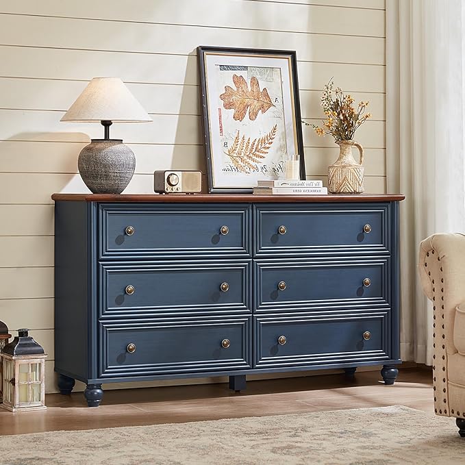 6 Drawers Dresser for Bedroom, Farmhouse 54" Wide Wood Dressers Chest of Drawers, Vintage Design TV Stand, Rustic Storage Dresser Organizer with Metal Handle Closet for Living Room, Hallway