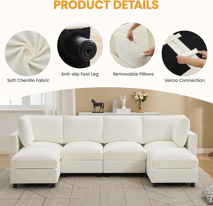 3-Seater Modular Sectional Cloud Sofa with Ottoman, L-Shaped Couch for Living Room, Modern Convertible Deep Seats Sofa, Chenille Beige
