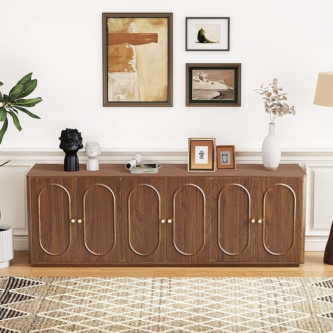 63'' Fluted Sideboard Buffet Cabinet with Storage and 6 Doors, Low Storage Cabinet Modern Wooden Accent Credenza Console Table for Kitchen Dining Living Room Entryway, (63"W*15.75"D*21.4"H) Walnut