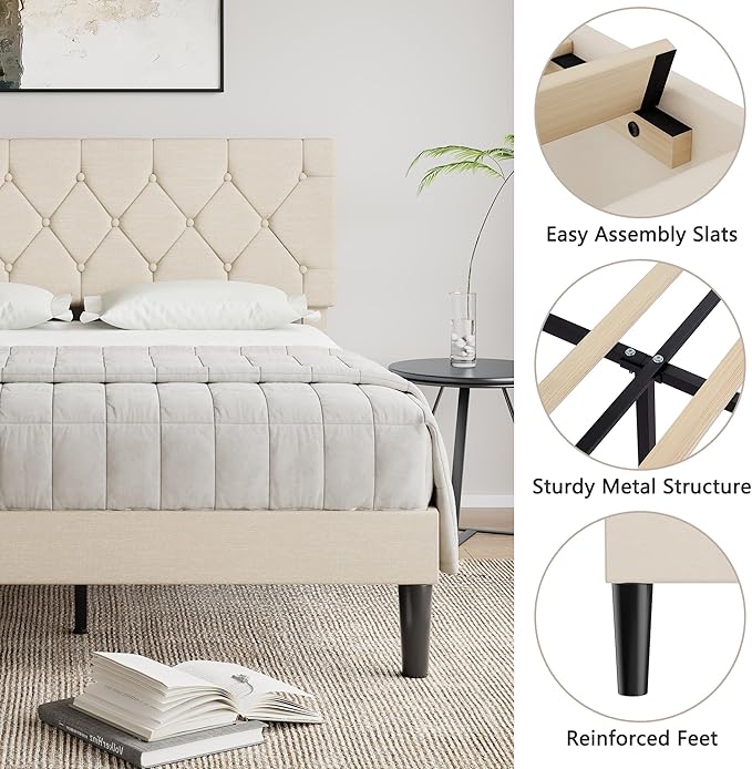 VECELO Full Size Bed Frame with Button Tufted Headboard, Upholstered Platform with Wooden Slat Support, No Box Spring Needed, Cream Beige