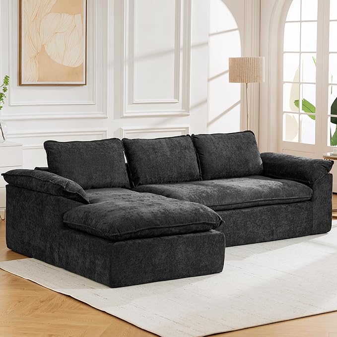 Modular Sectional Sofa, 107.5" L-Shaped Boneless Couch with Deep Seat, Modern Minimalist Upholstered Cloud Sectional Couch for Living Room Bedroom, No Assembly Required, Black Chenille