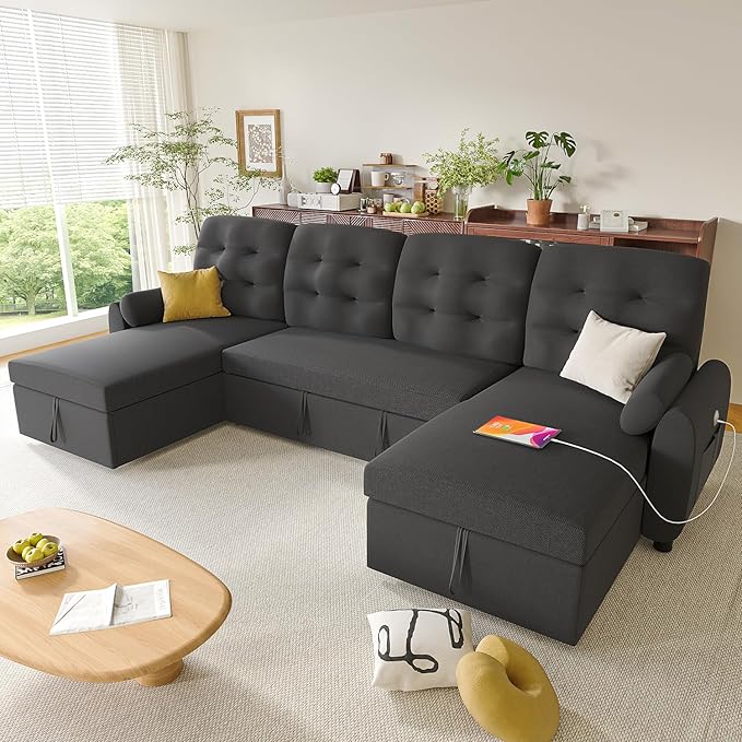 Ucloveria Sleeper Sofa Bed, 112" U Shaped Sectional Sofa Couches for Living Room, Pull Out Couch Bed with Dual Reversible Storage Chaise | Charging Station | Side Pockets | Removable Backrest
