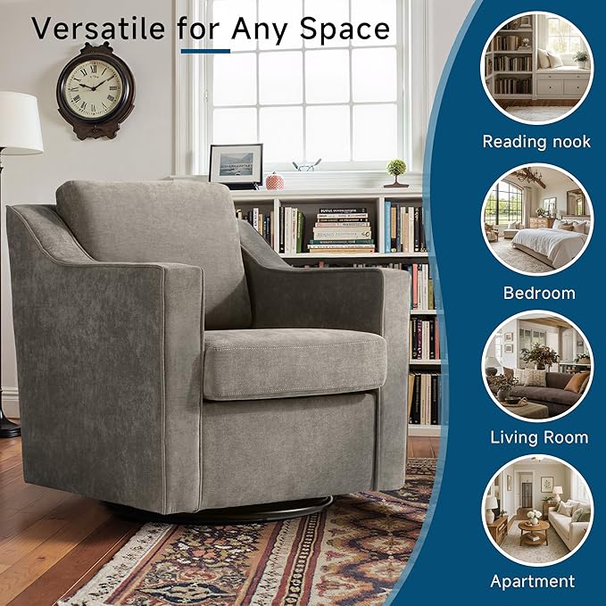 Pia Ricco 360° Swivel Accent Chair, Plush Oversized Chenille Fabric Armchair with Removable Cover for Living Room and Reception,Sand