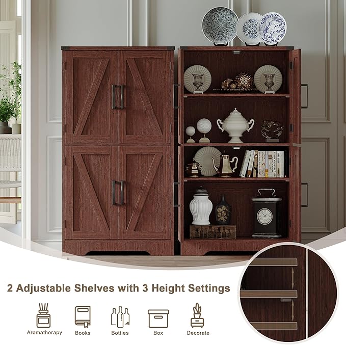 Treocho Bathroom Floor Cabinet, Farmhouse Bathroom Storage Cabinet with Doors and Adjustable Shelves, Freestanding Kitchen Pantry Cabinet, Cupboard for Living Room, Dining Room, Walnut