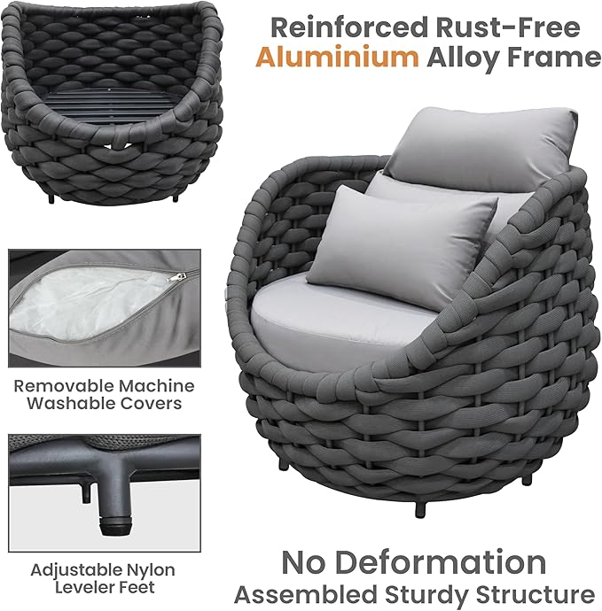 Aluminum Woven Rope Patio Furniture Set: 6 Pieces Assembled Outdoor Conversation Sofa Set for 7 - Modern Metal Couch Set Cushioned - All Weather Porch Seating for Deck Garden Lanai Hotel Resort
