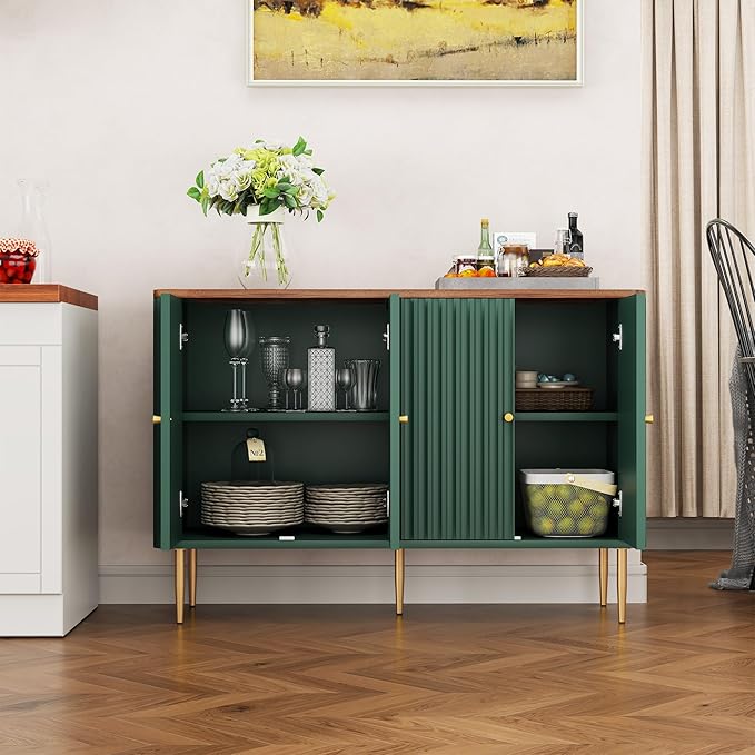 HLR Sideboard Buffet Cabinet, 48" Modern Accent Cabinet with 4 Door and Removable Shelves, Credenza with Storage for Living Room, Dinning Room, Entryway, Green