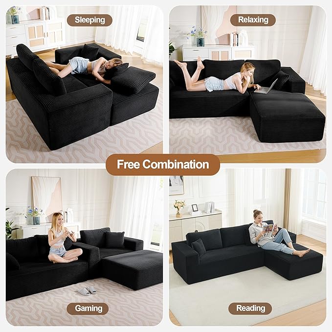 106" Cloud Modular Sectional Sofa Couch with L-Shape Chaise,Modern Boneless Sectional Couch with Deep Seat,Upholstered Couches for Living Room Bedroom,No Assembly Required,Black