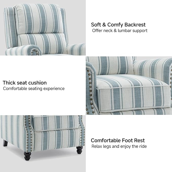 Lumibee Recliner Chair,Pushback Armchair for Small Spaces,Adjustable Backrest & Footrest Accent Chair in Comfy Fabric for Living Room, Bedroom-Stripe Blue