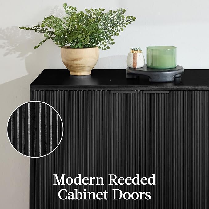 Best Choice Products 55" Modern 4-Door Sideboard Storage Cabinet, Buffet, Media Cabinet, Cupboard, Entryway Accent Table, Bookcase w/Reed Panels and Adjustable Shelves - Black