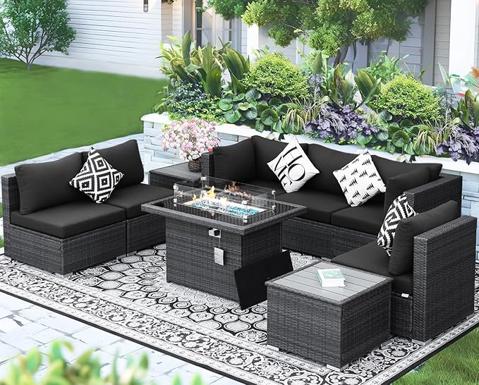 NICESOUL 9 Piece Outdoor Patio Sectional Furniture Sofa Set with Fire Pit Natural Gas Propane, 29.3'' High Back Modern Large Size Wicker Conversations with Fireplace for Backyard, Deep Seats Gray