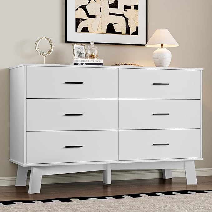 Dresser for Bedroom with 6-Drawer, 47.2" Modern Chest of Drawers with Metal Handles, X-Shape Base & Adjustable Center Leg, Anti-Tip Closet Organizers and Storage