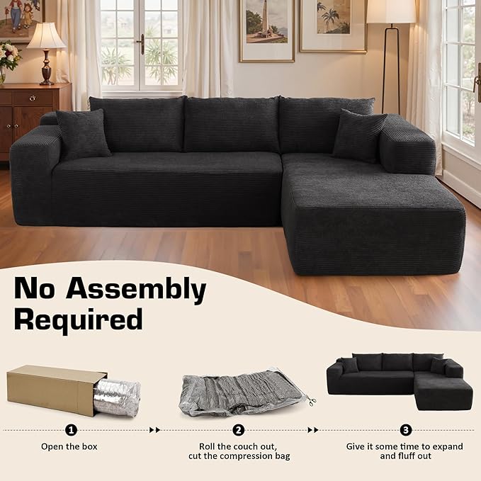 106" Cloud Sectional Couch with Chaise Lounge,L Shaped Modular Modern Sofa,Comfy Corduroy Fluffy Sofa with Deep Seat,No Assembly Required Couch for Living Room(Right,Stripe Corduroy,Black)