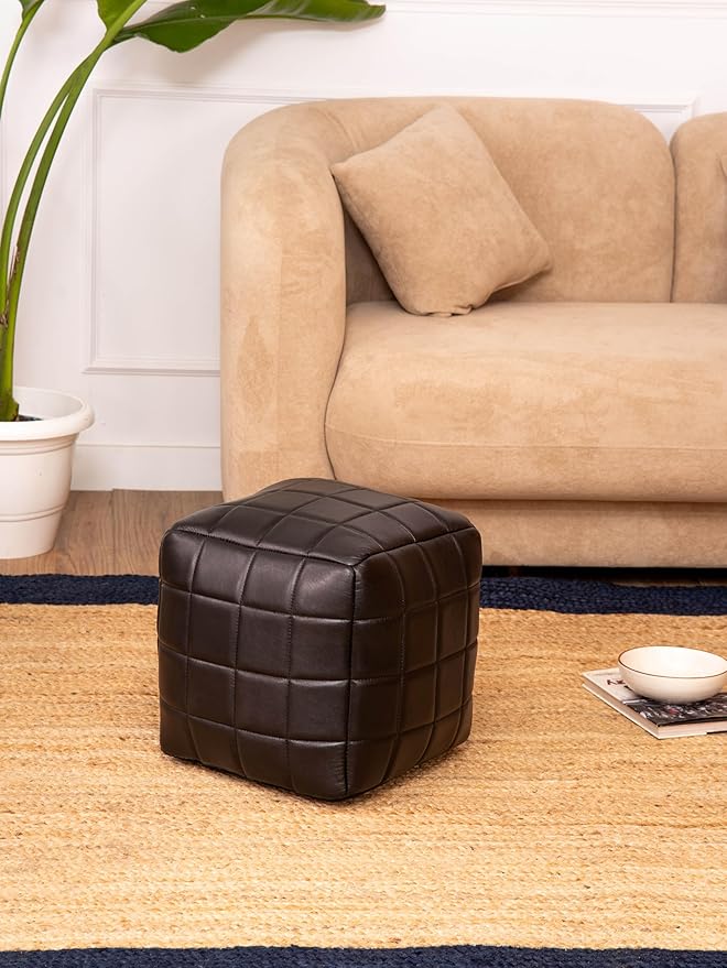 Handmade Eco-Friendly Geometric Leather Pouf Black Color Square 21" x 21" x 12" Goat Leather Pouf for Living Room, Bedroom Seating, Patio