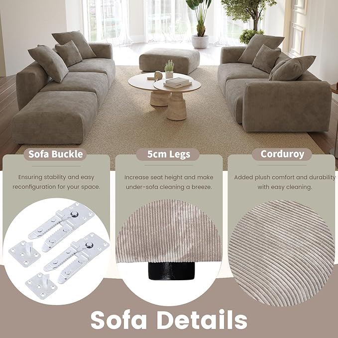 Oversized Modular Sectional Sofa with Ottomans,8 Seater Corduroy V Shaped Reversible Corner Couch,181.73" Convertible Sofa & Couch Free Combination for Living Rooom,Brown